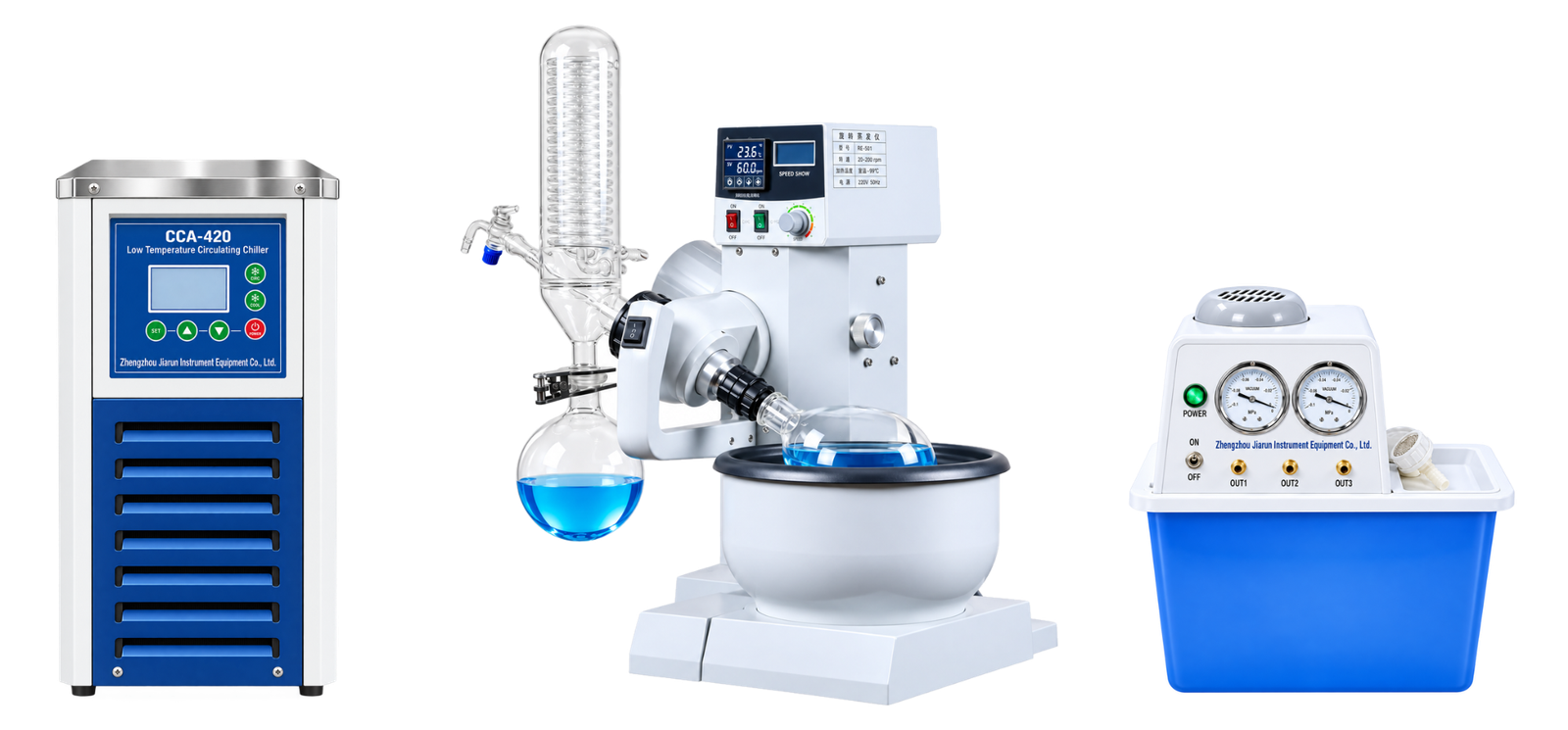 Rotary evaporator with CCA-420 low temperature circulating chiller and circulating water vacuum pump
